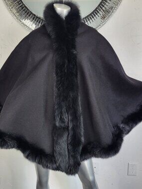 LILY & TAYLOR COUTURE~VINTAGE BLACK WOOL GENUINE REAL FOX FUR CAPE WRAP COAT